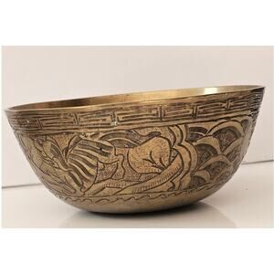 Antique Chinese Bronze Brass Singing Bowl, Hand Engraved Dragon 7.5 in. 1.82 lbs
